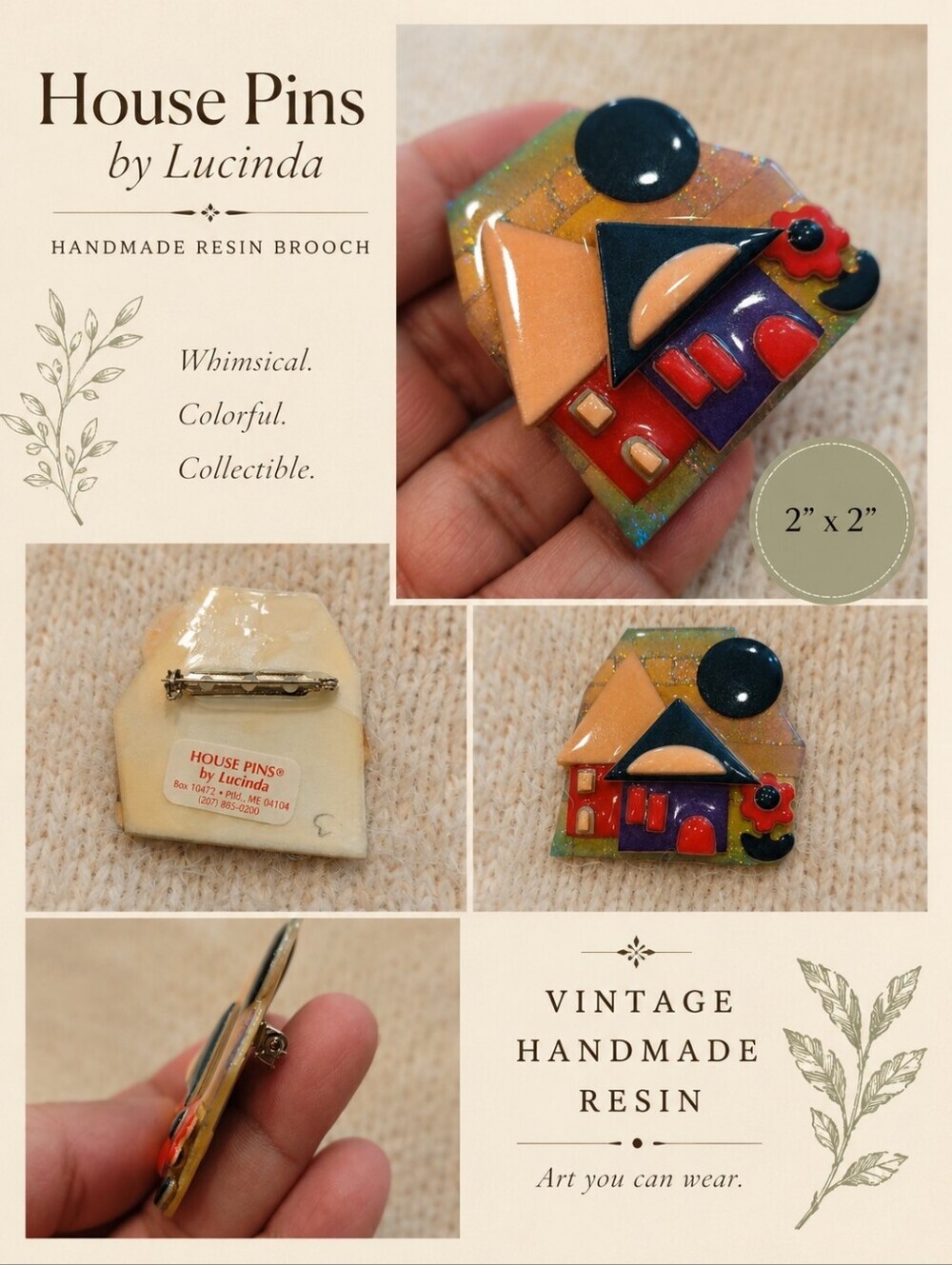 House Pins by Lucinda Abstract Colorful House Brooch Pin Resin 2 x 2 VTG